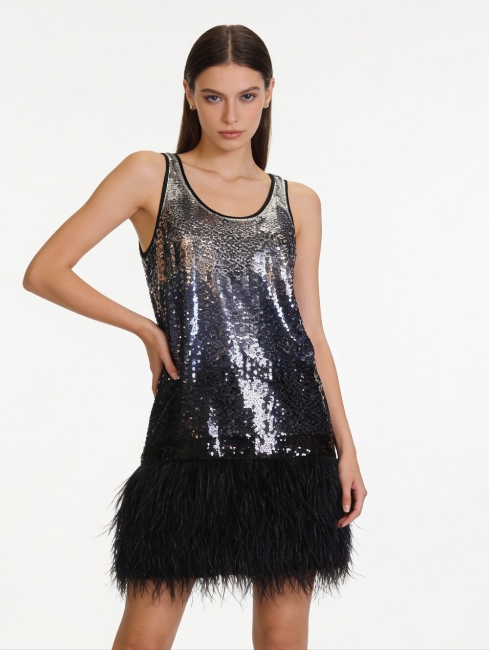 NWT MICHAEL Michael Kors Ombré Sequin Feather Hem Dress Size Small